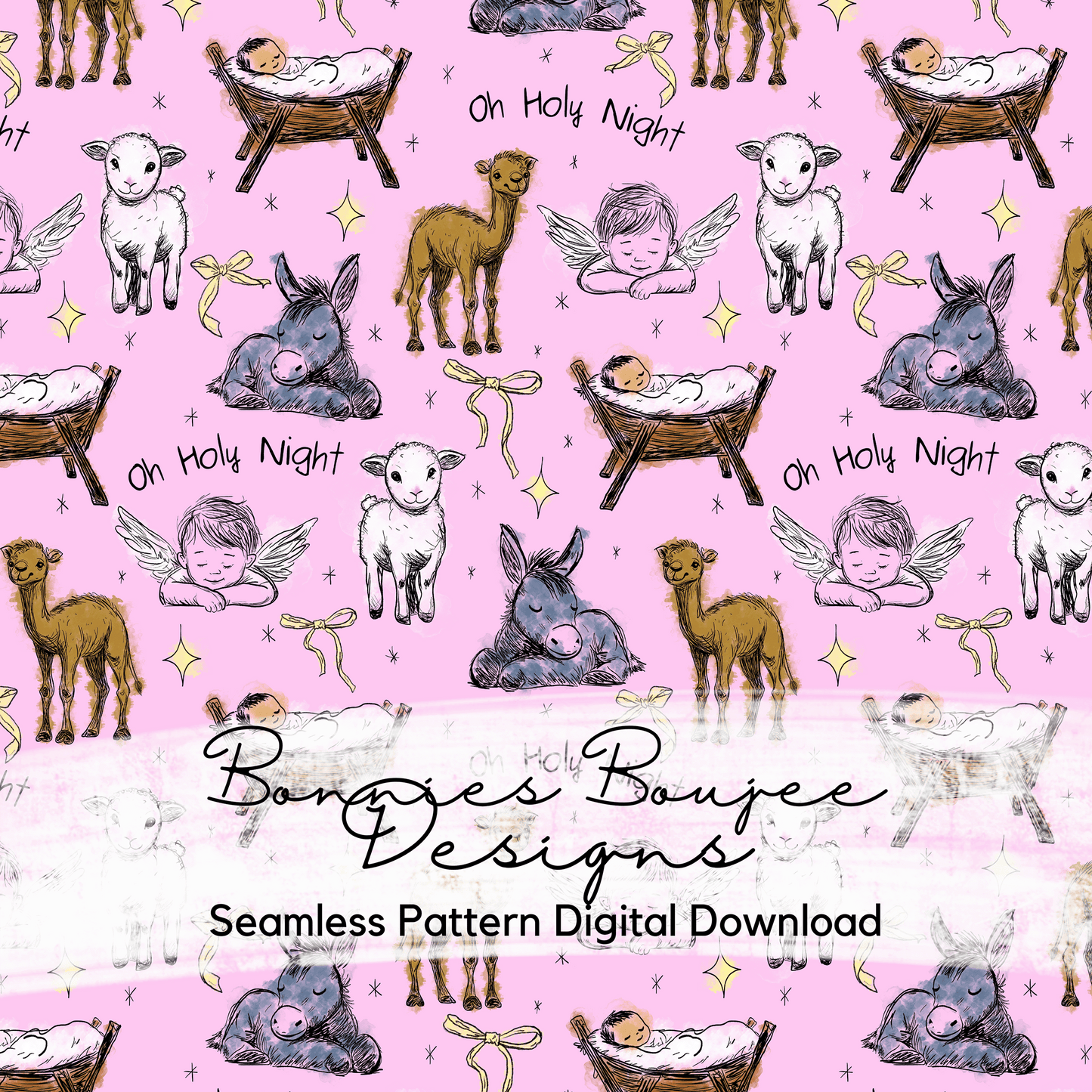 Oh Holy Night Baby Jesus Christmas Hand Drawn Seamless File on Pink colorway with girly bows