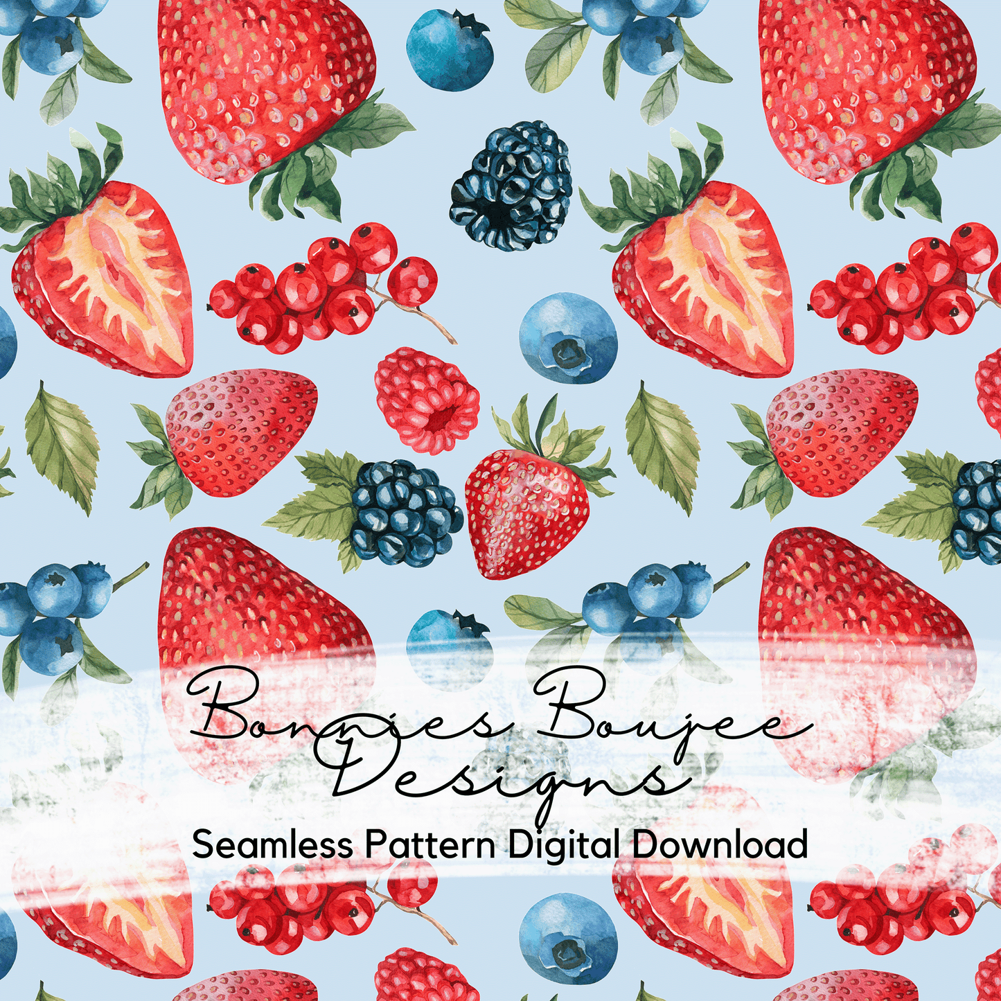 Watercolor Berries Summer on Blue Seamless File