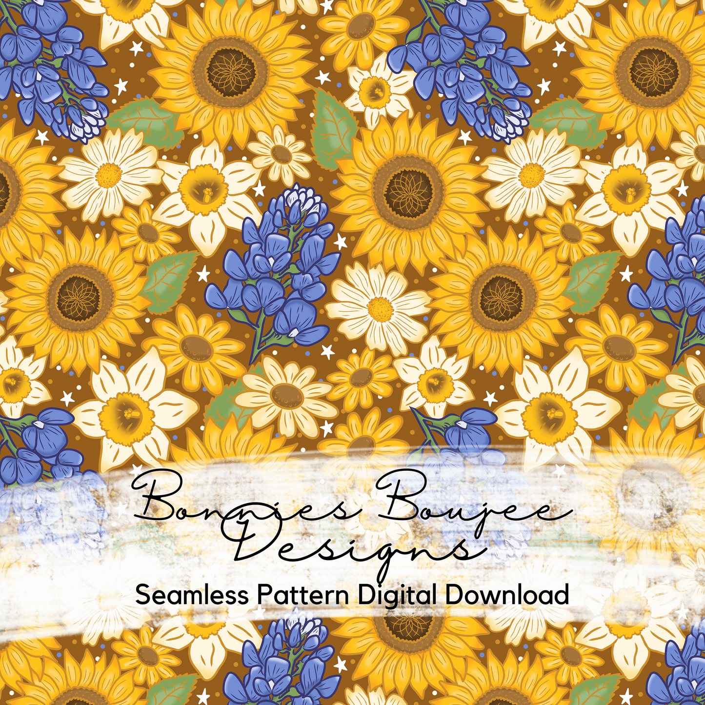 Bluebonnets and Sunflowers on a Boho Brown Background Hand Drawn Seamless File - ONLY 15 AVAILABLE