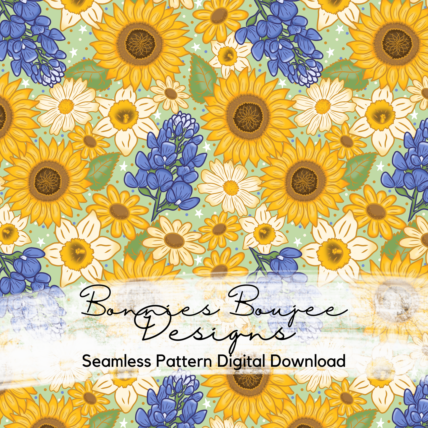 Bluebonnets and Sunflowers on a Boho Green Background Hand Drawn Seamless File - ONLY 15 AVAILABLE
