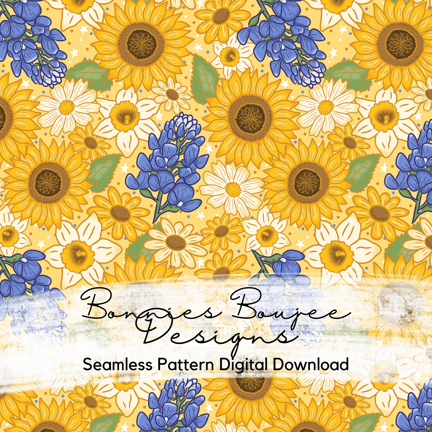 Bluebonnets and Sunflowers on a Boho Yellow Background Hand Drawn Seamless File - ONLY 15 IN STOCK