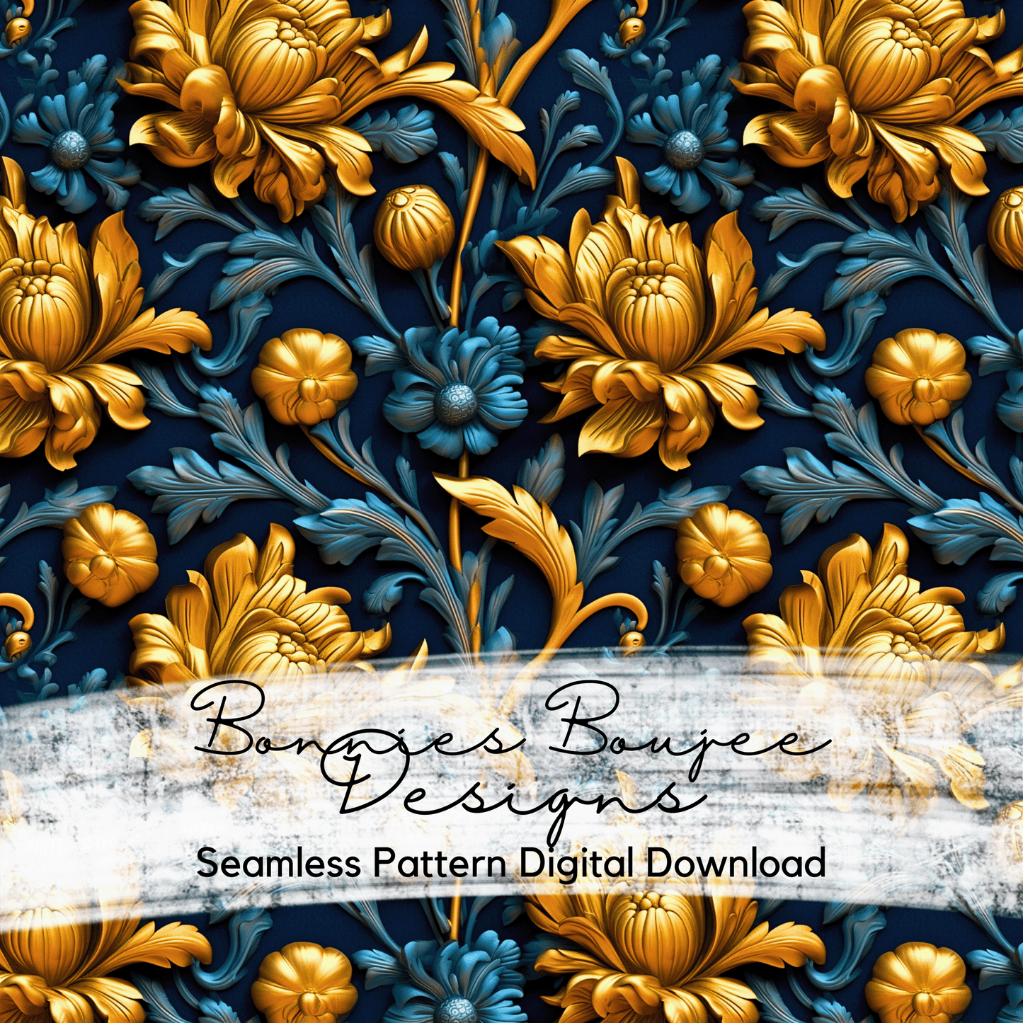 Golden Flowers on Blue Seamless File