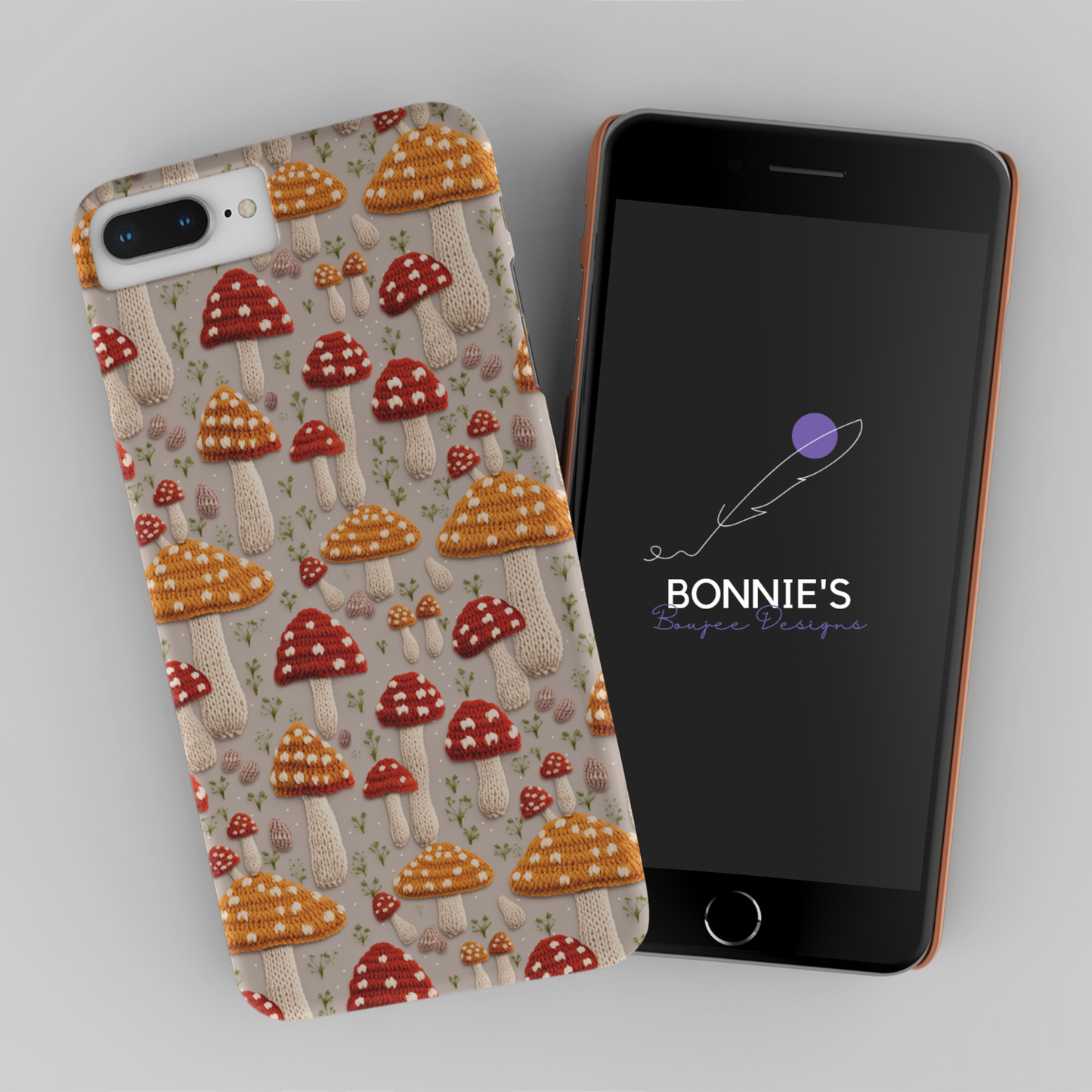 Crochet of Mushrooms on a Tan Background Seamless File