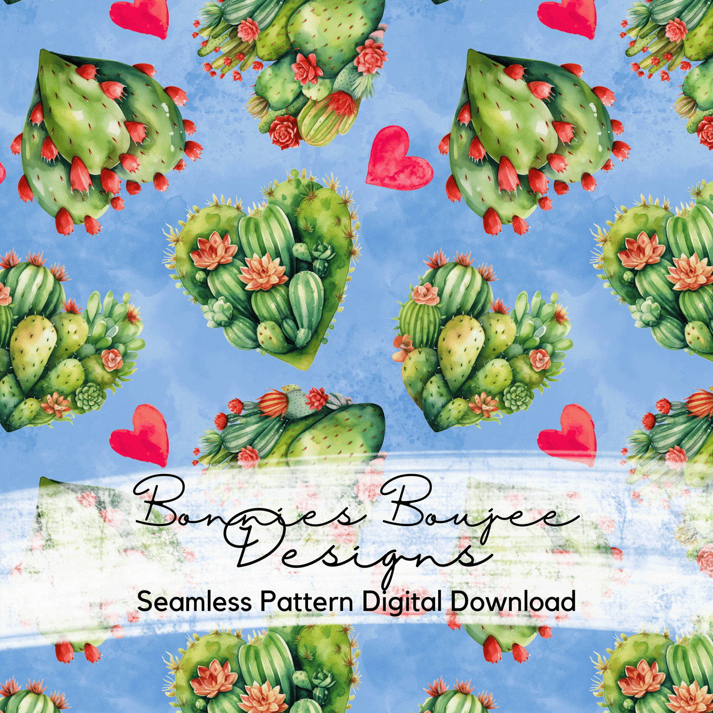 Cactus Hearts Watercolor on Blue Background Seamless File