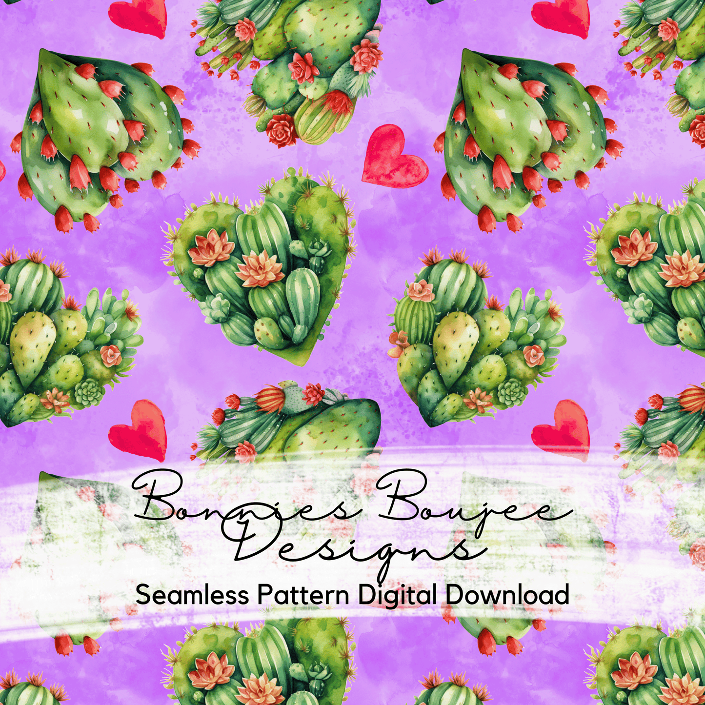 Cactus Hearts Watercolor on Purple Background Seamless File