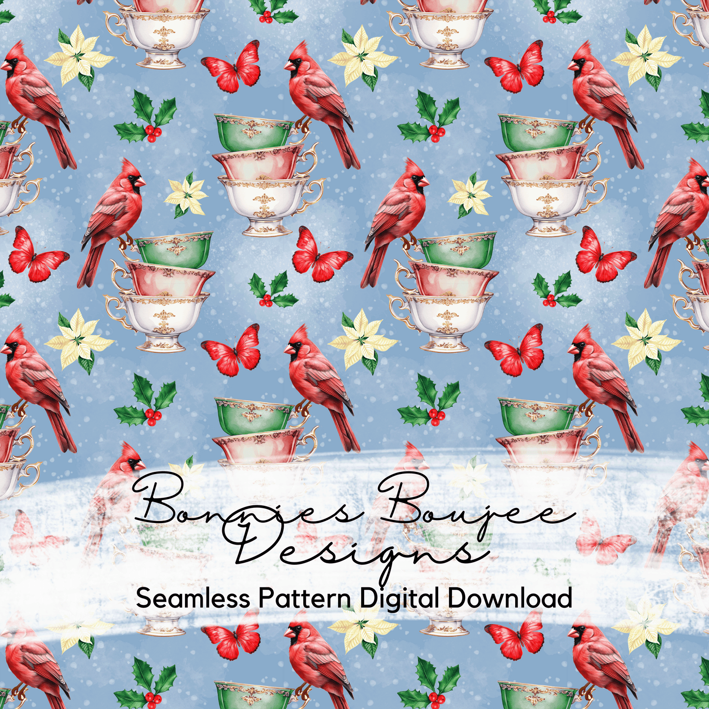 Christmas Cardinal Tea Cup on Blue Seamless File