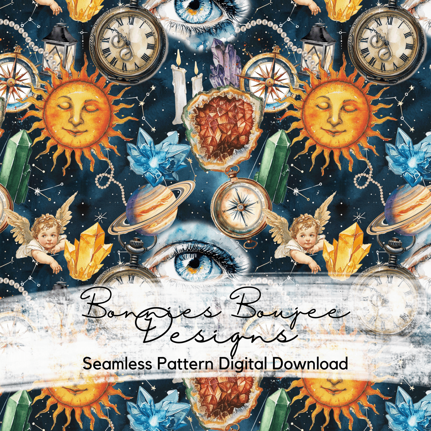 Celestial Symbols with Crystals in Watercolor Style Seamless File