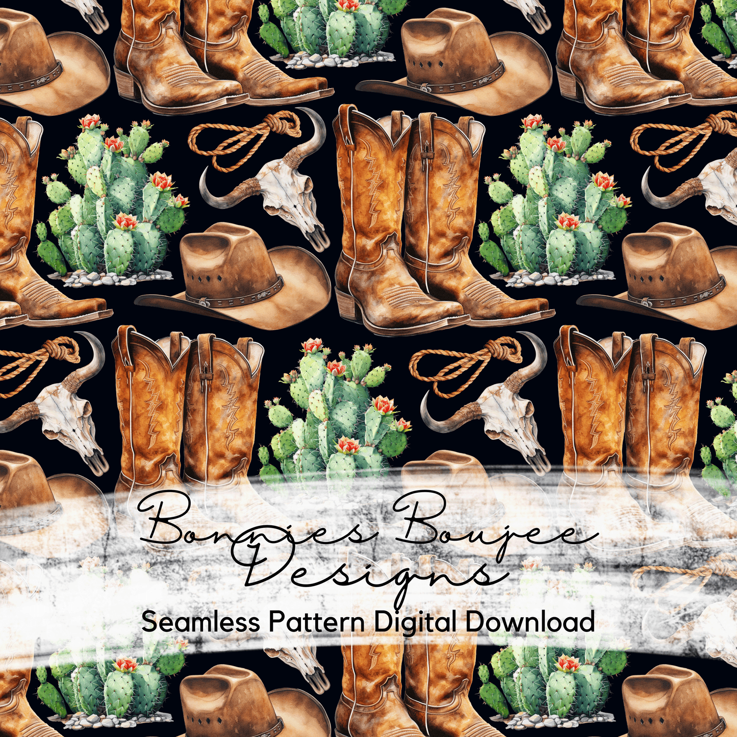 Cowboy Boots and Cactus with Watercolors Seamless File