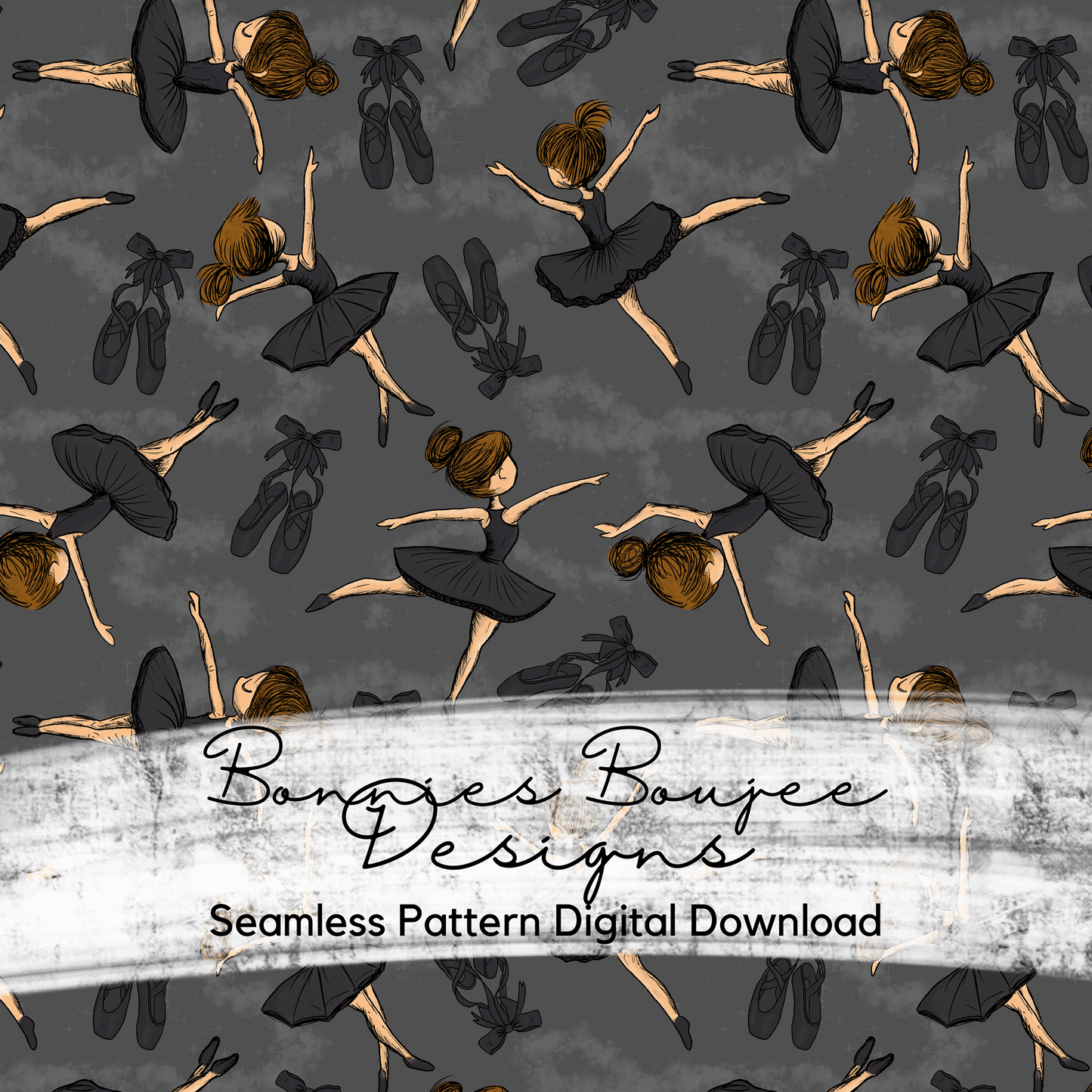 Ballerina Dancers on Black Background Hand Drawn Seamless File - ONLY 15 IN STOCK