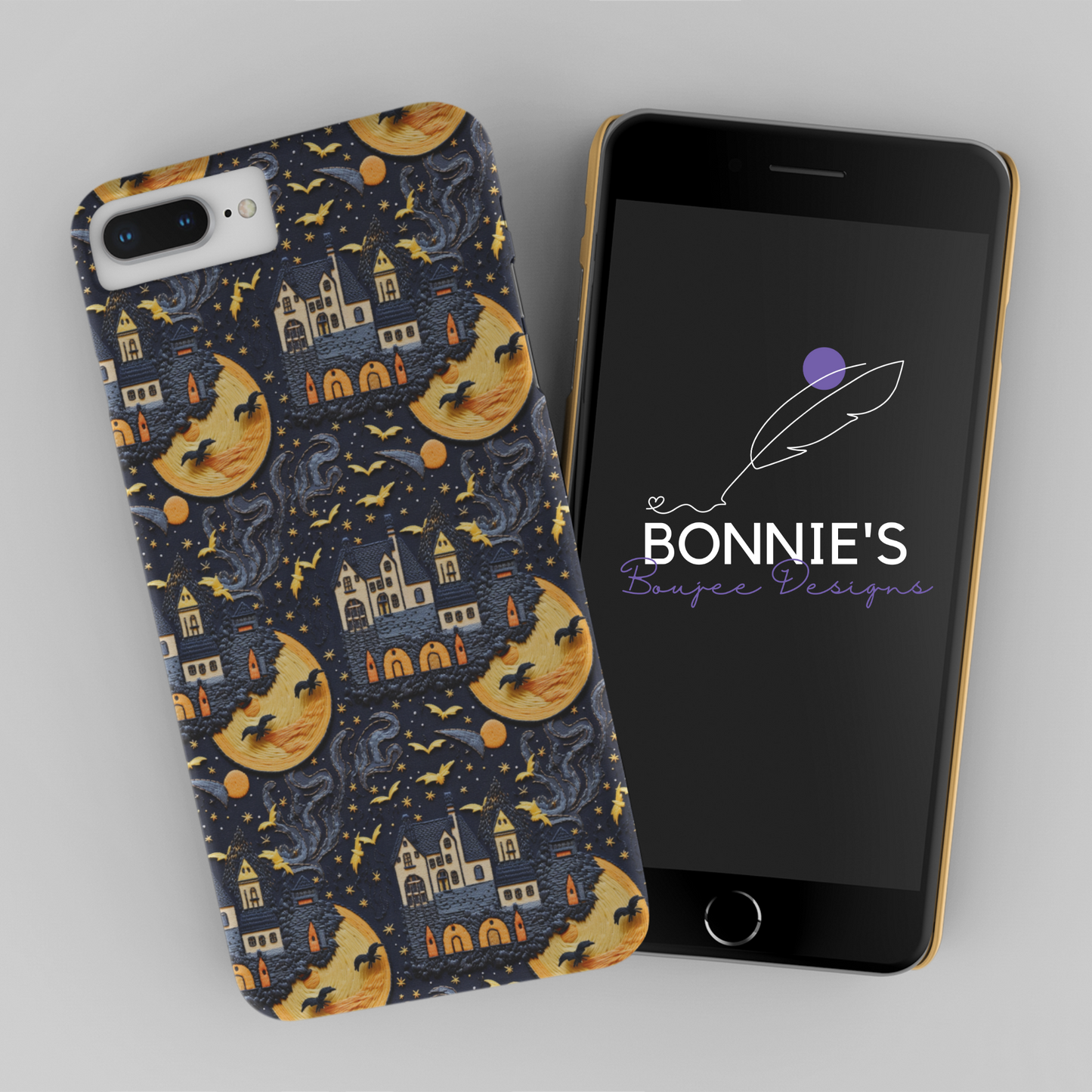 Embroidery Haunted House with Bats Seamless Design