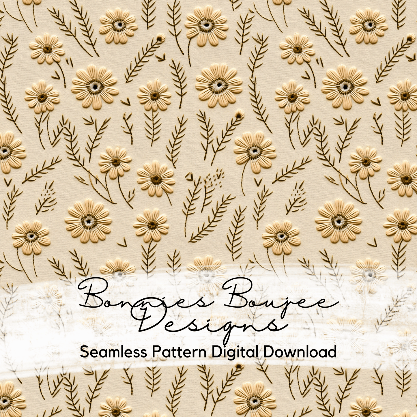 Boho Minimalist Embroidery Tan Flowers White Seamless File
