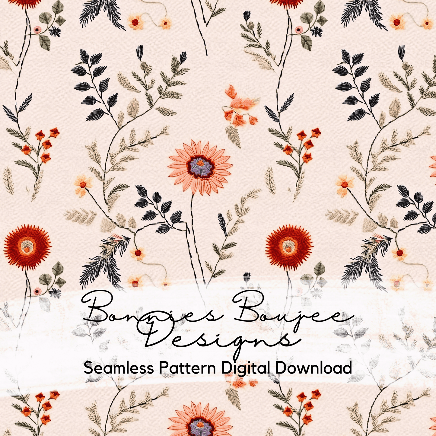 Minimalist Embroidery Fall Flowers on Tan Seamless File