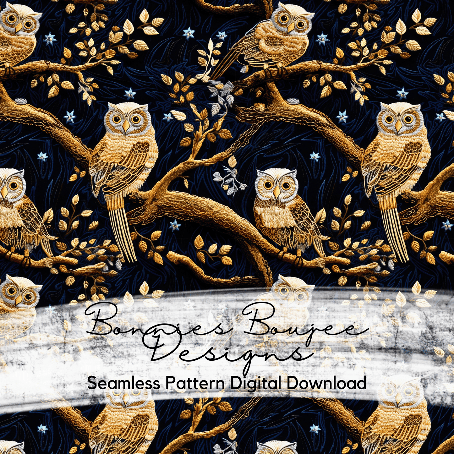 Embroidery Owls on a Black Background Seamless File