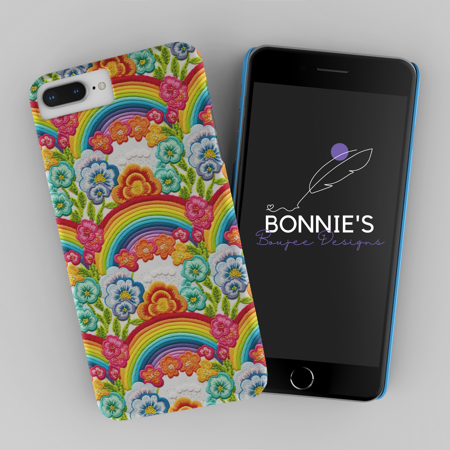 Embroidery Rainbows with Flowers and Clouds Seamless Design