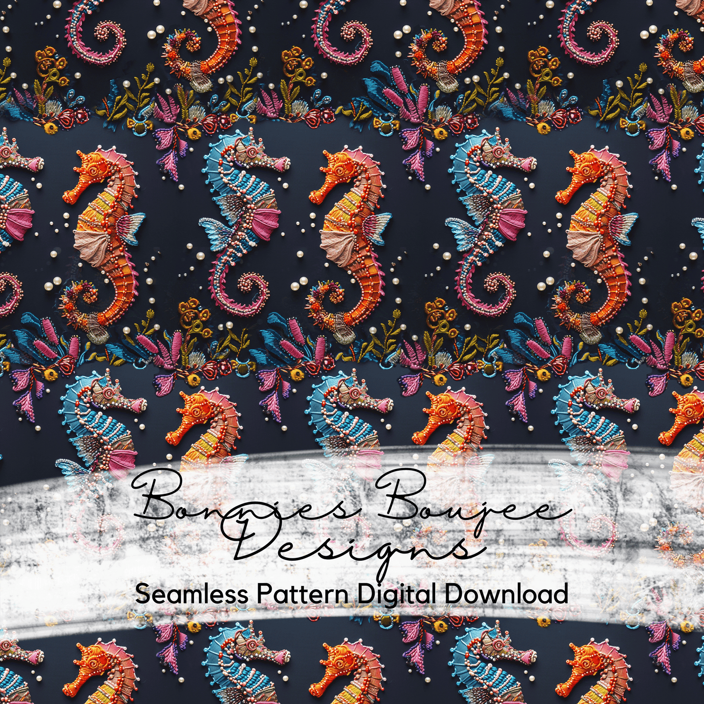 Embroidery Seahorses with pearls on Navy Background Seamless file