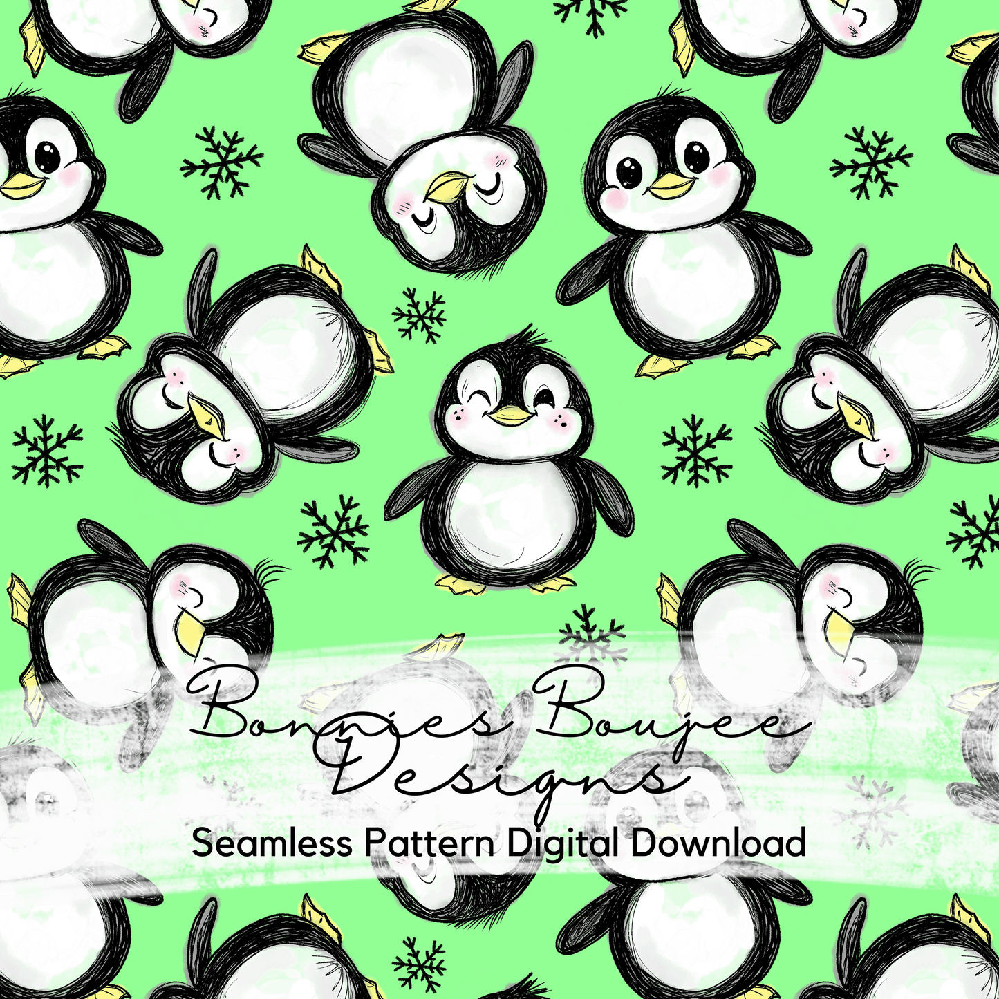 Cute Gender-Neutral Penguins with Snowflakes Hand Drawn Seamless File - 2 Colorways