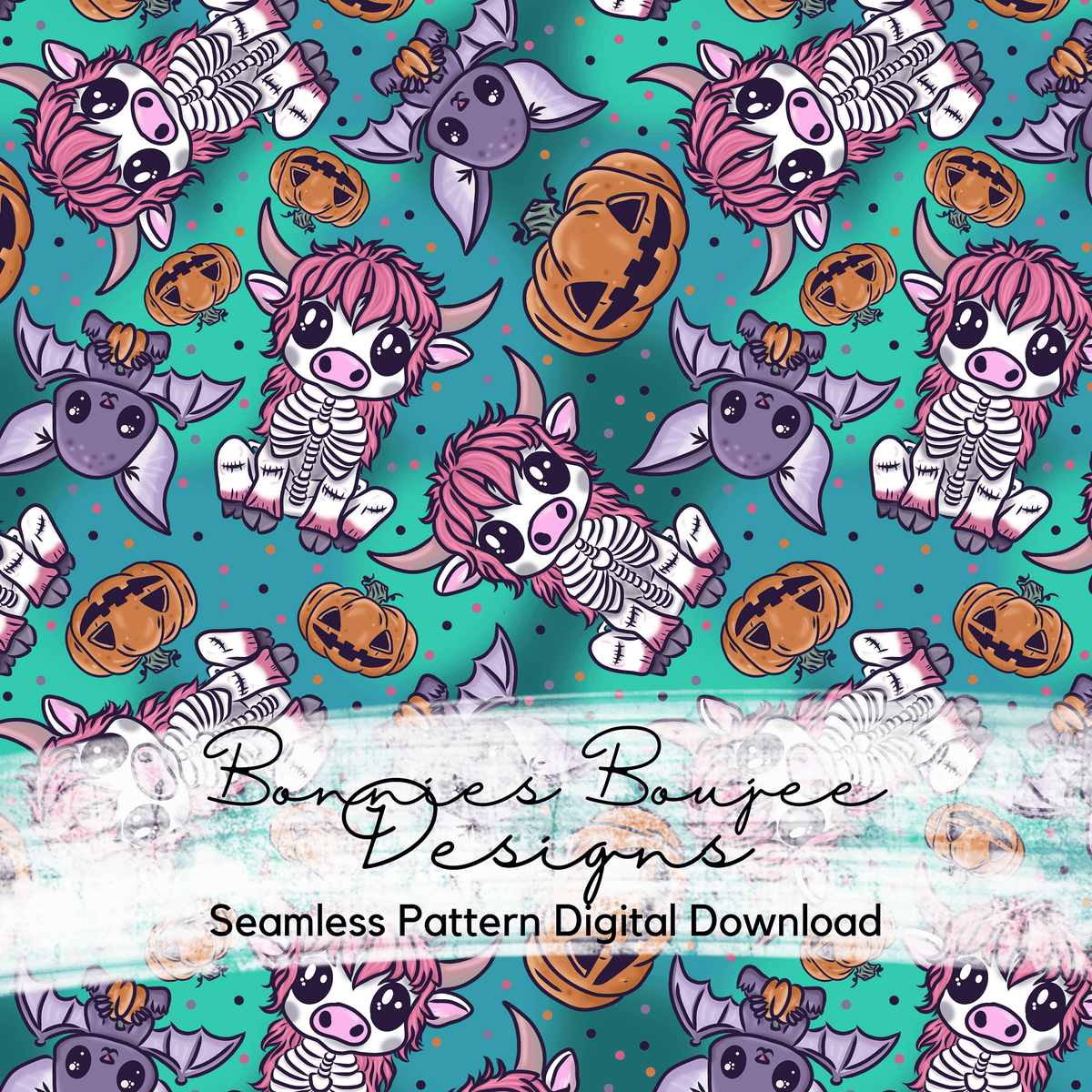 Hand Drawn Highland Cow Halloween Cartoon Seamless File - Multiple Colorways