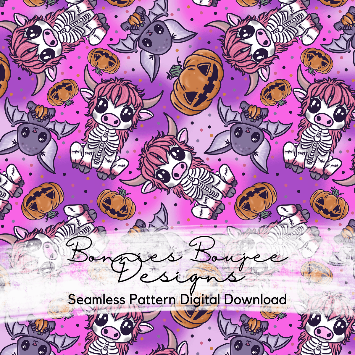 Hand Drawn Highland Cow Halloween Cartoon Seamless File - Multiple Colorways