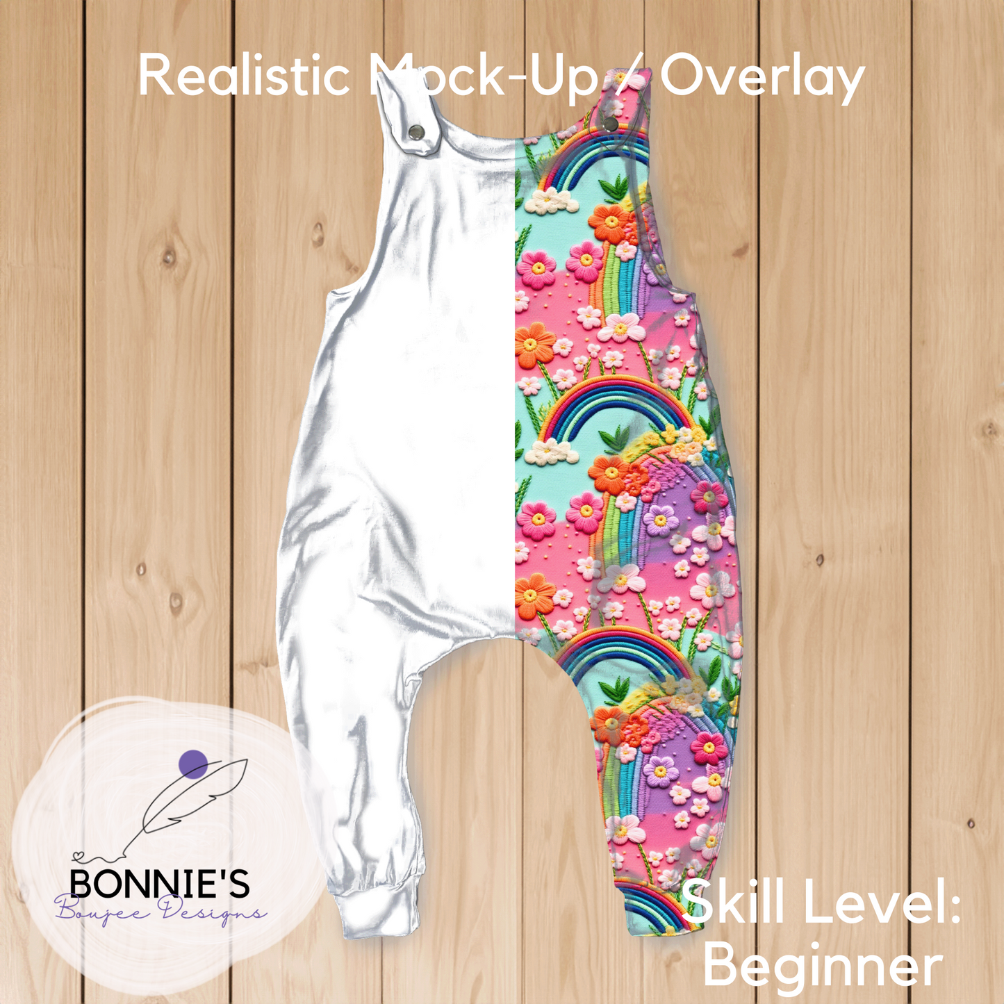 Mock-Up Overall Romper from LLK on Wood Background