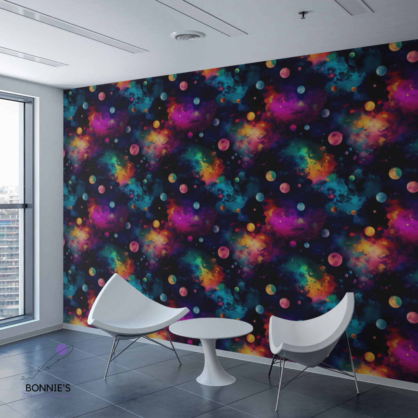 Space and Neon Colored Planets and Moons Seamless File