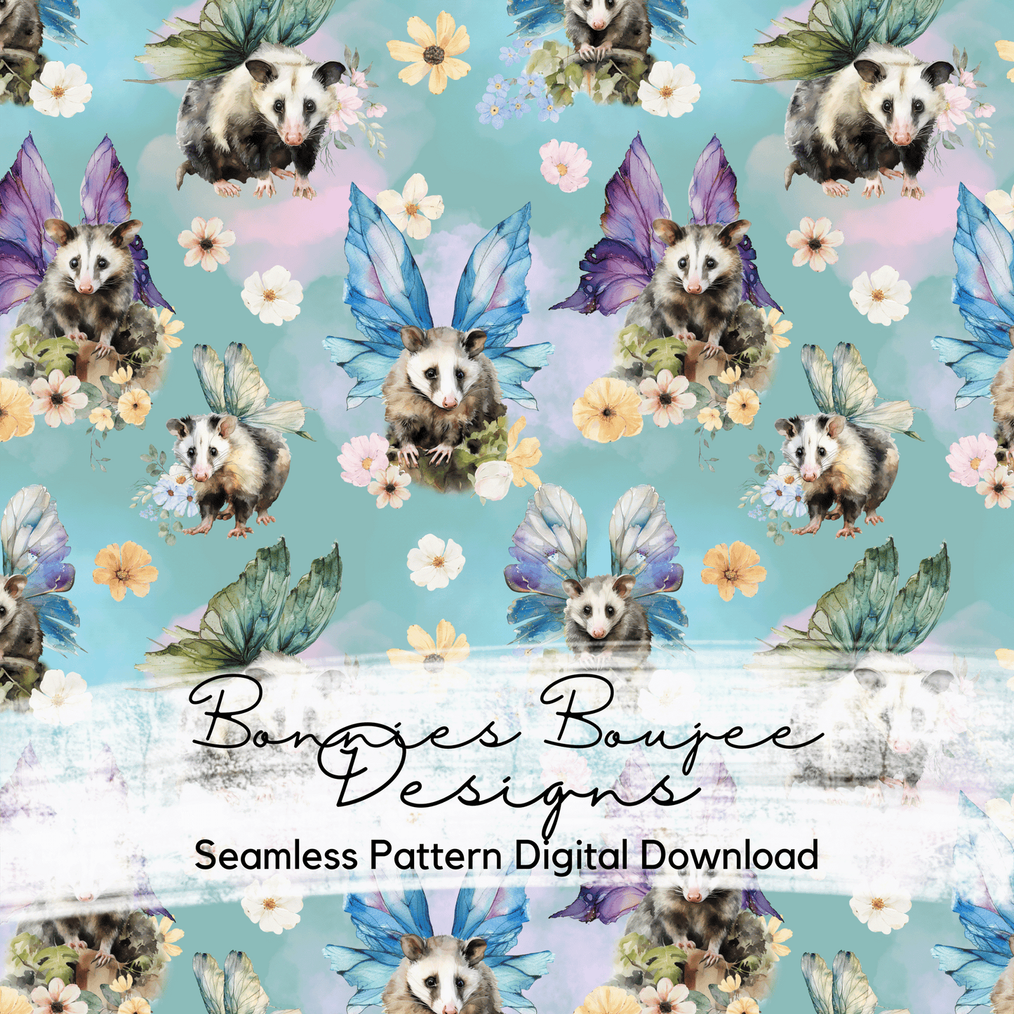 Watercolor Opossum Fairy on Teal Seamless File
