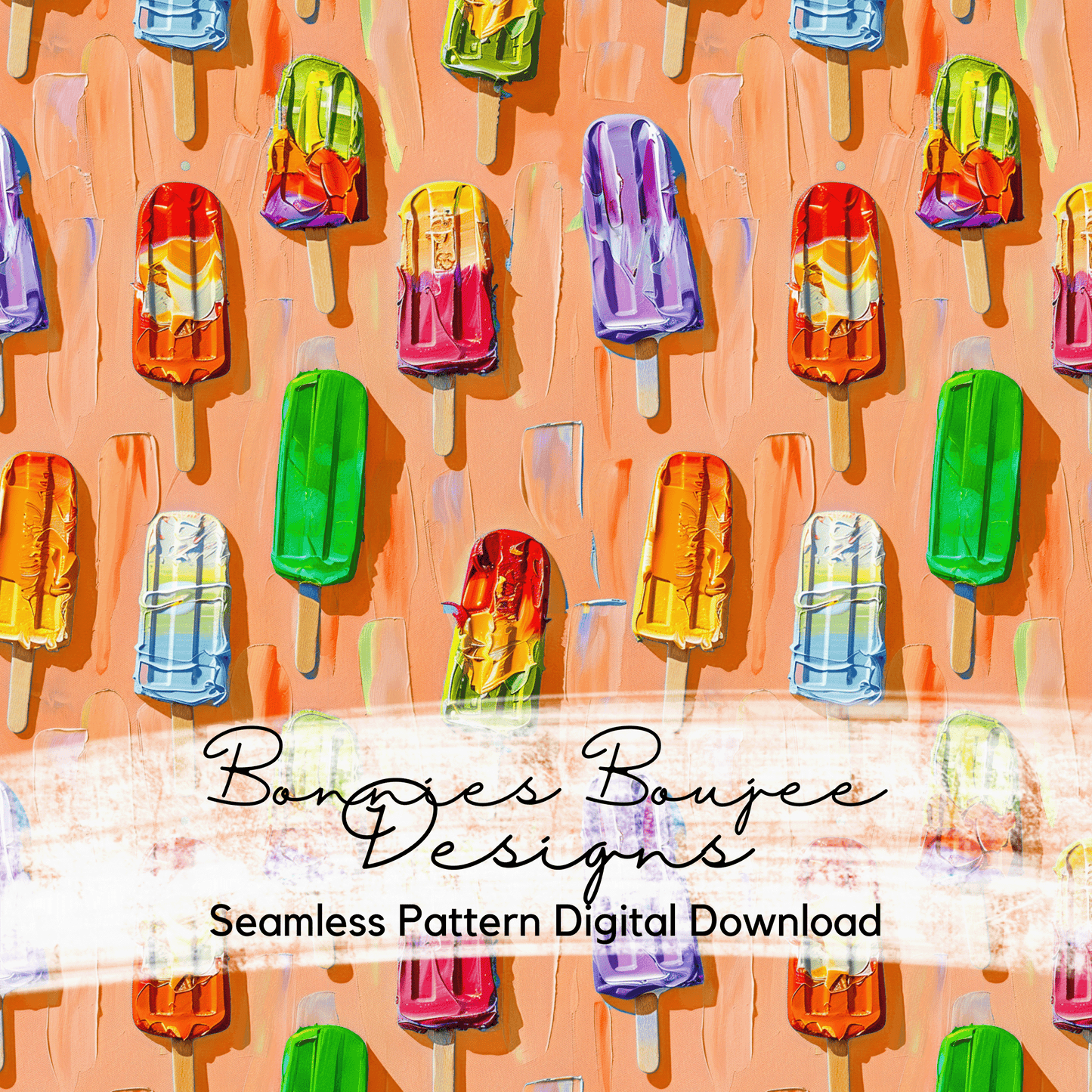 Summer Fun Painted Style Popsicles on Orange Background Seamless File