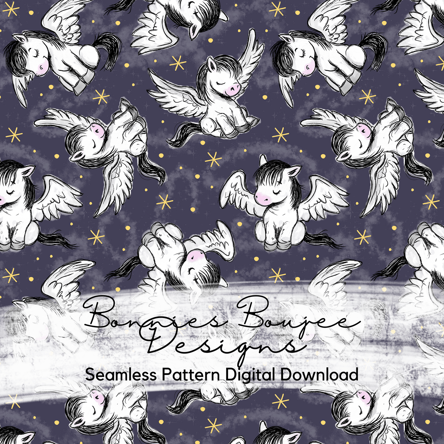 Pegasus on a Navy Background Hand Drawn Seamless File - ONLY 15 AVAILABLE