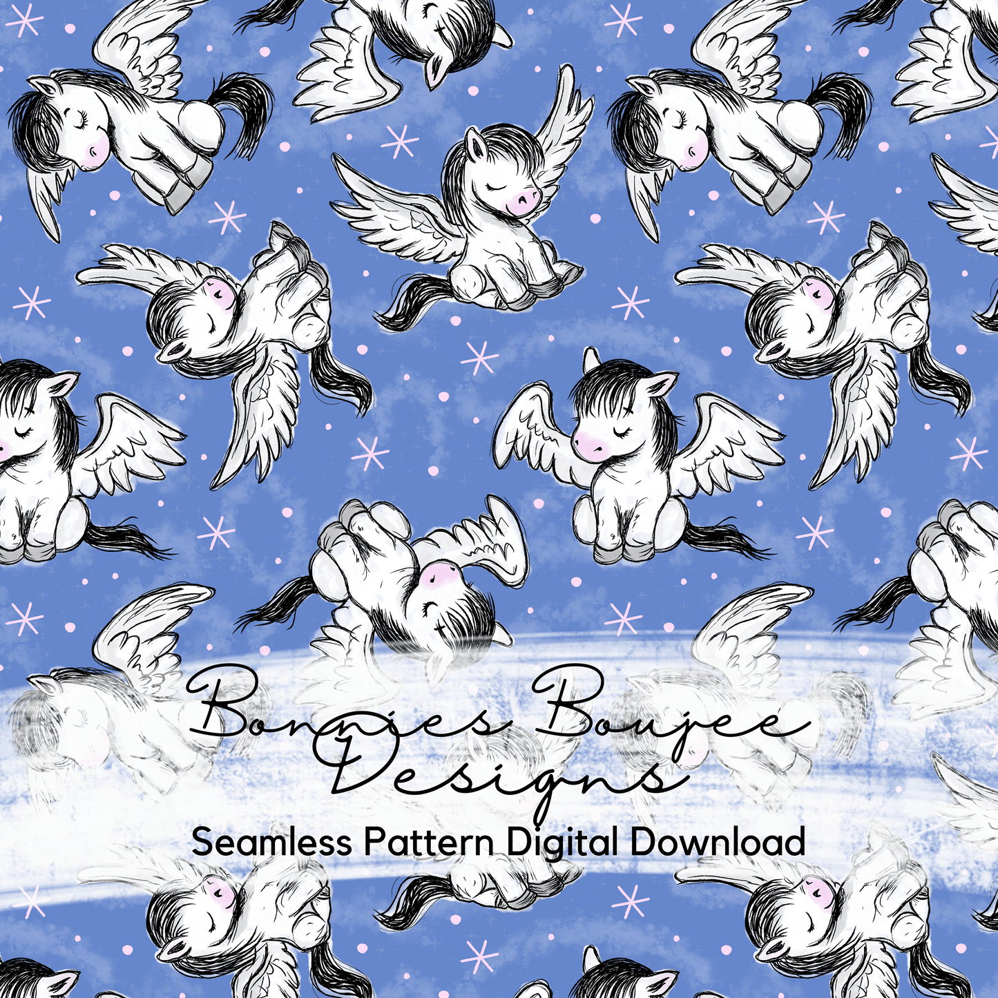 Pegasus on a Blue Background Hand Drawn Seamless File - ONLY 15 AVAILABLE