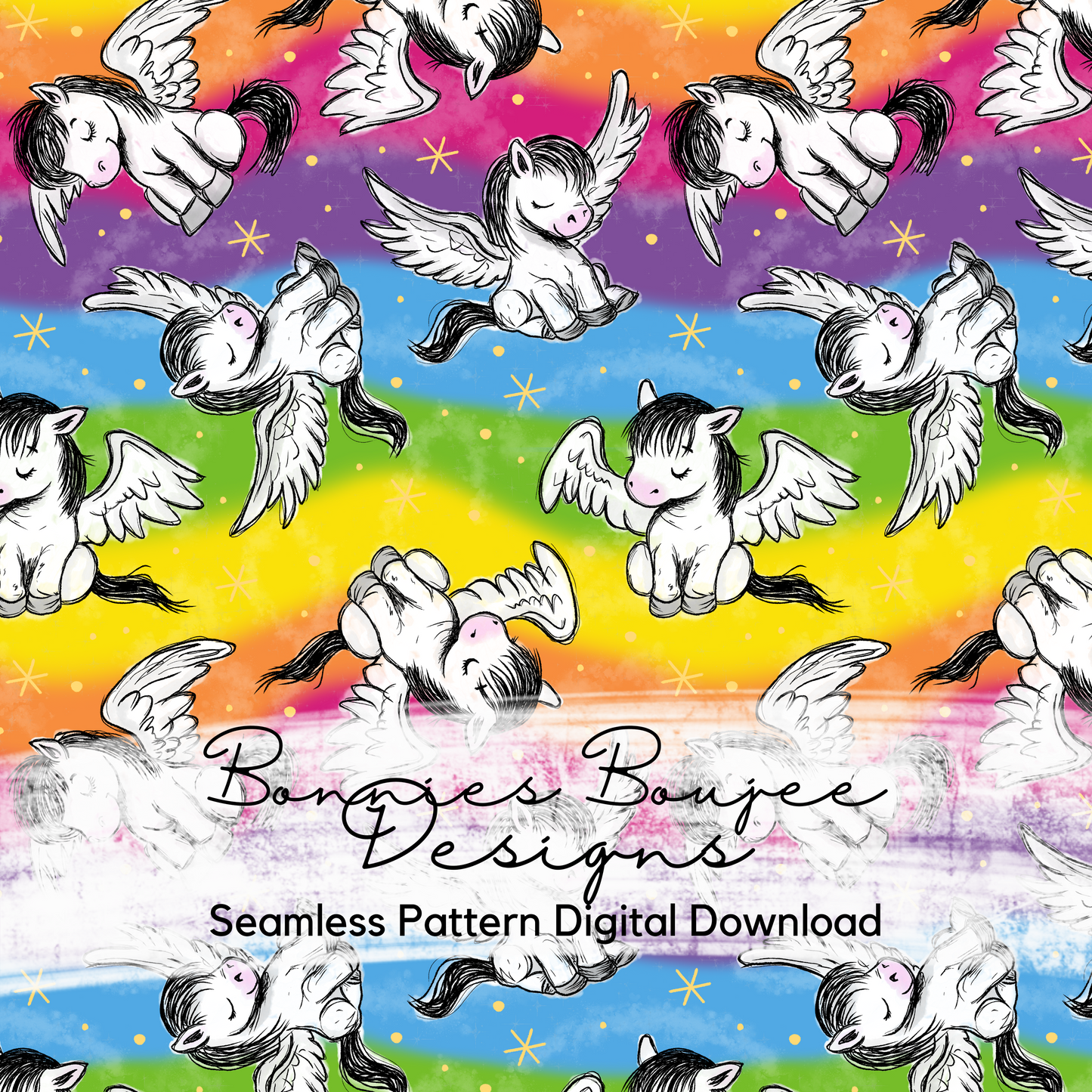Pegasus on a Rainbow Background Hand Drawn Seamless File - ONLY 15 AVAILABLE