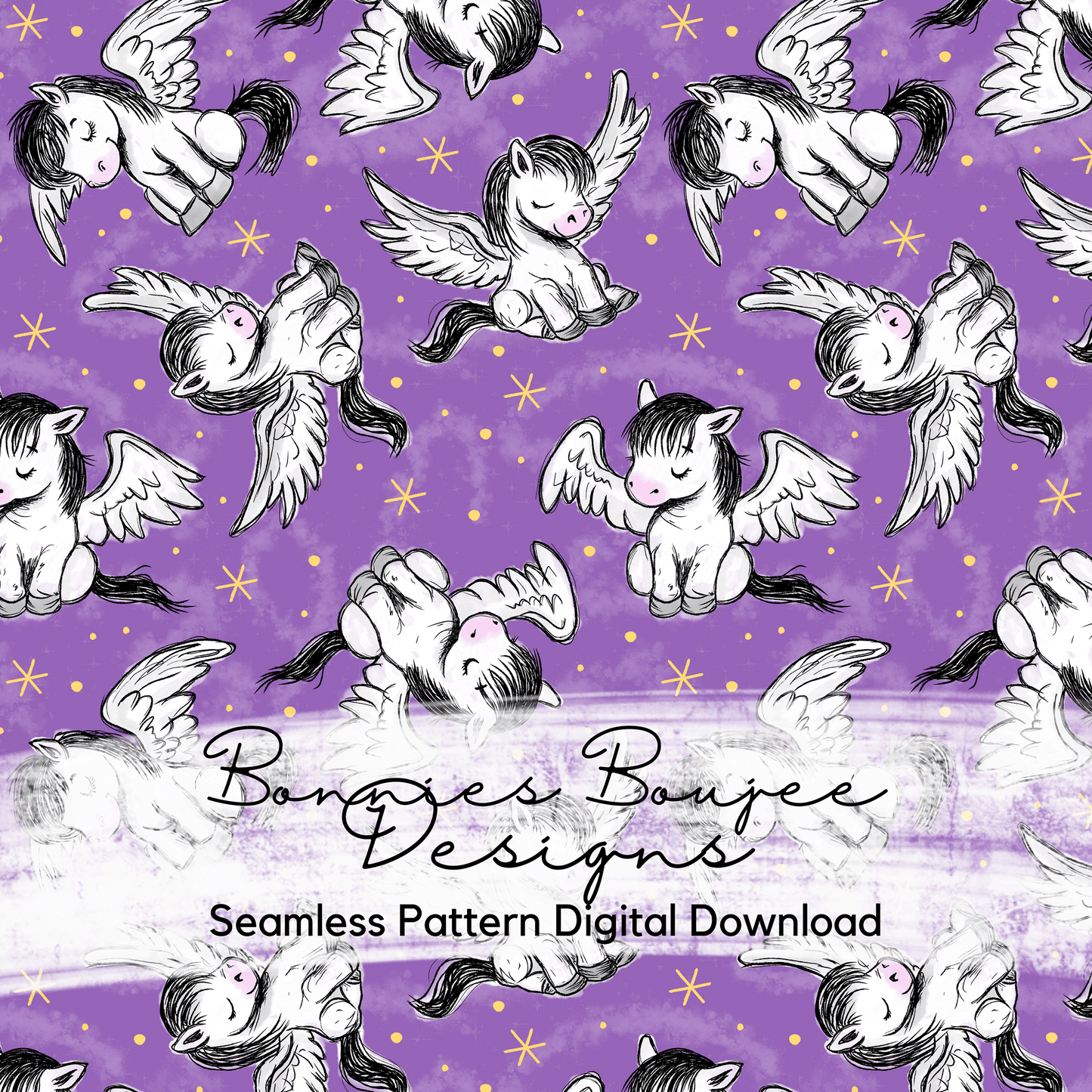 Pegasus on a Purple Background Hand Drawn Seamless File - ONLY 15 AVAILABLE