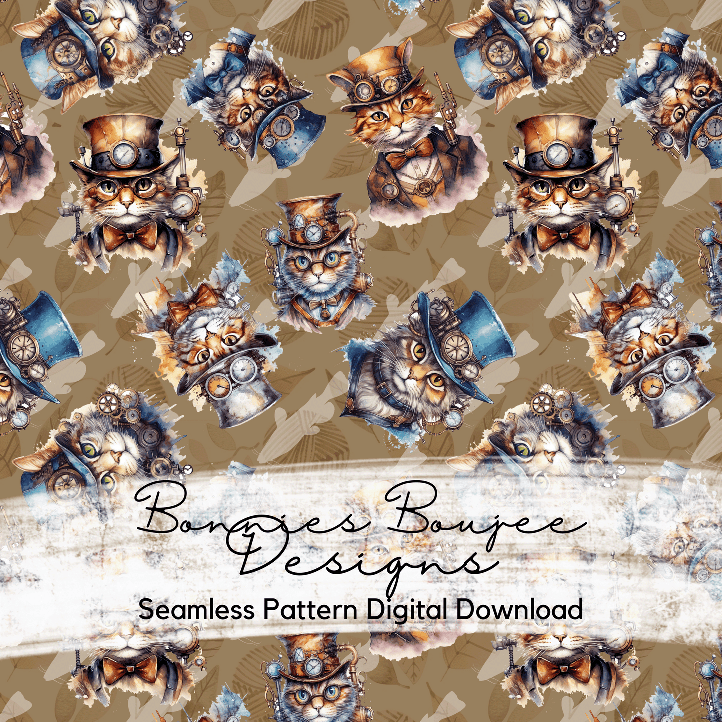Steampunk Cats Watercolor Seamless File with three Colorways