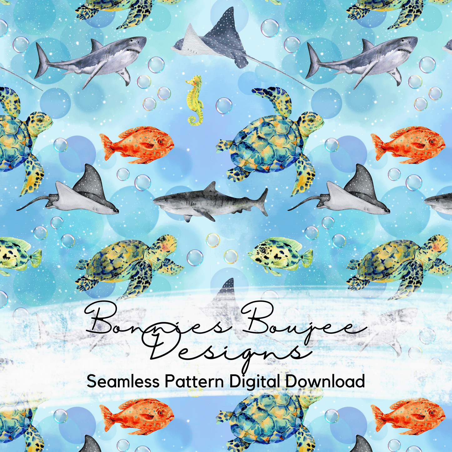 Sea Turtle Watercolor Seamless File with Shark and Stingray Variation