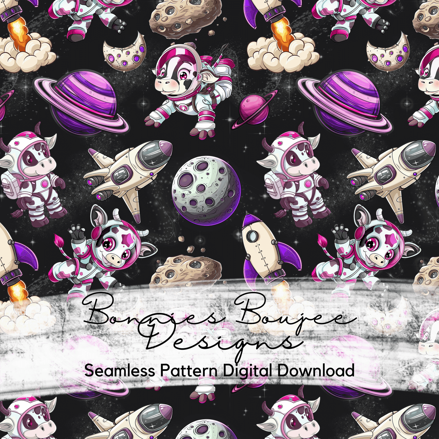 Space Cows with Rockets and Planets Seamless File in Three Colorways