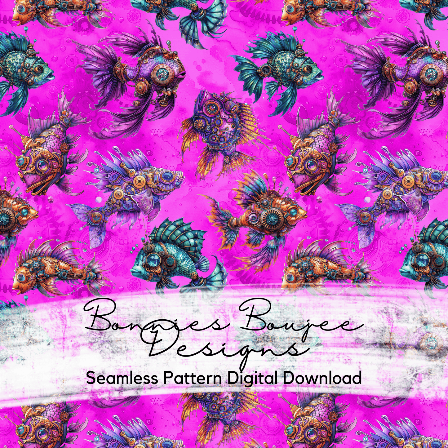 Steampunk Fish Purple Colors Bundle Seamless files including SWIM SAFE