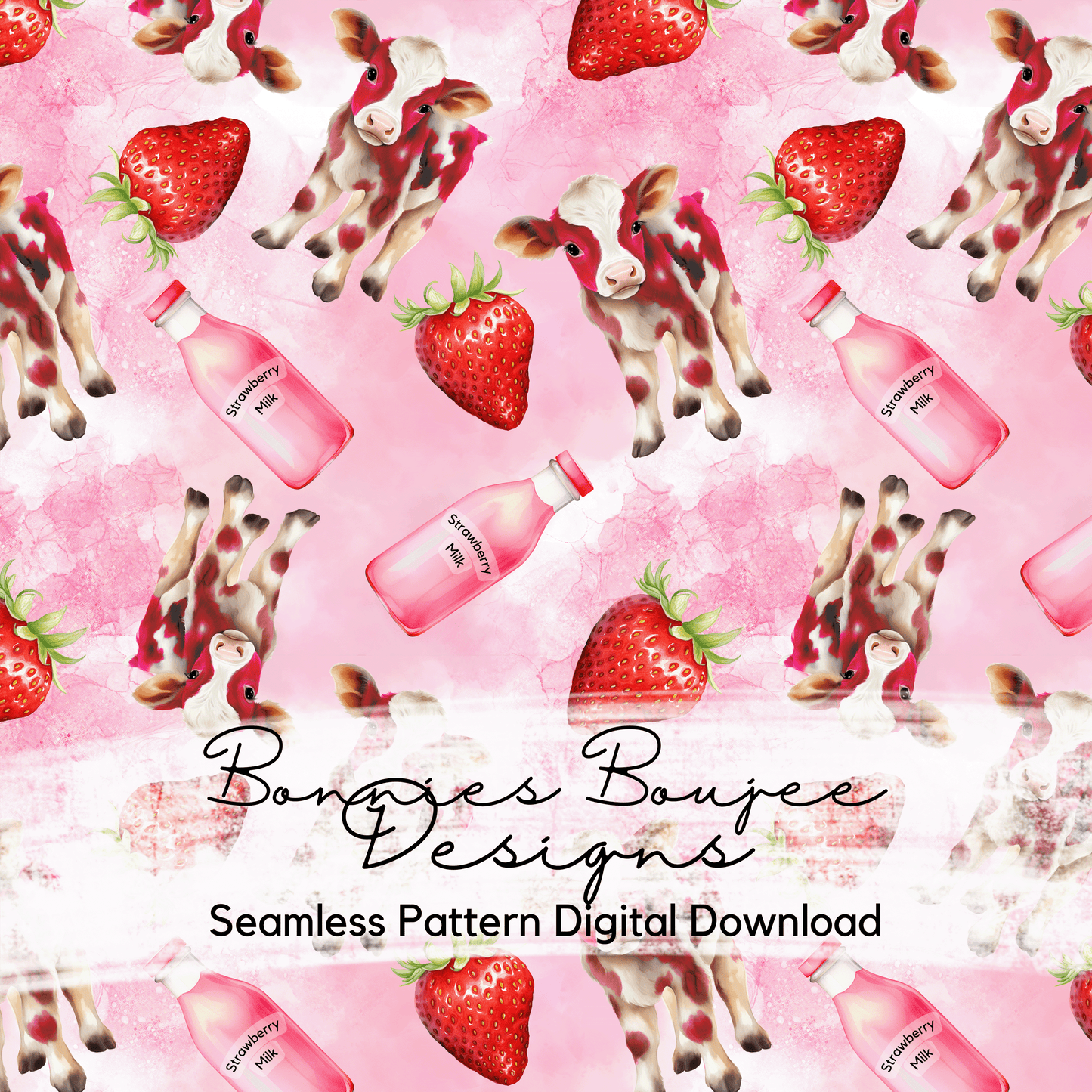 Strawberry Milk Cow Watercolor Seamless File