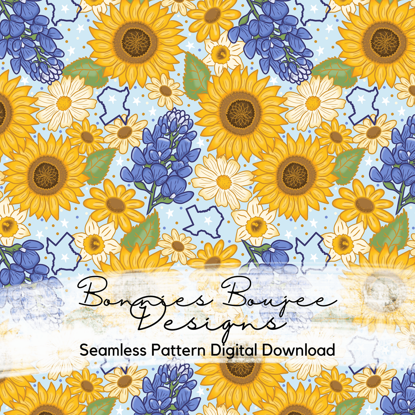 TEXAS Bluebonnets and Sunflowers on a Blue Background Hand Drawn Seamless File - ONLY 15 AVAILABLE