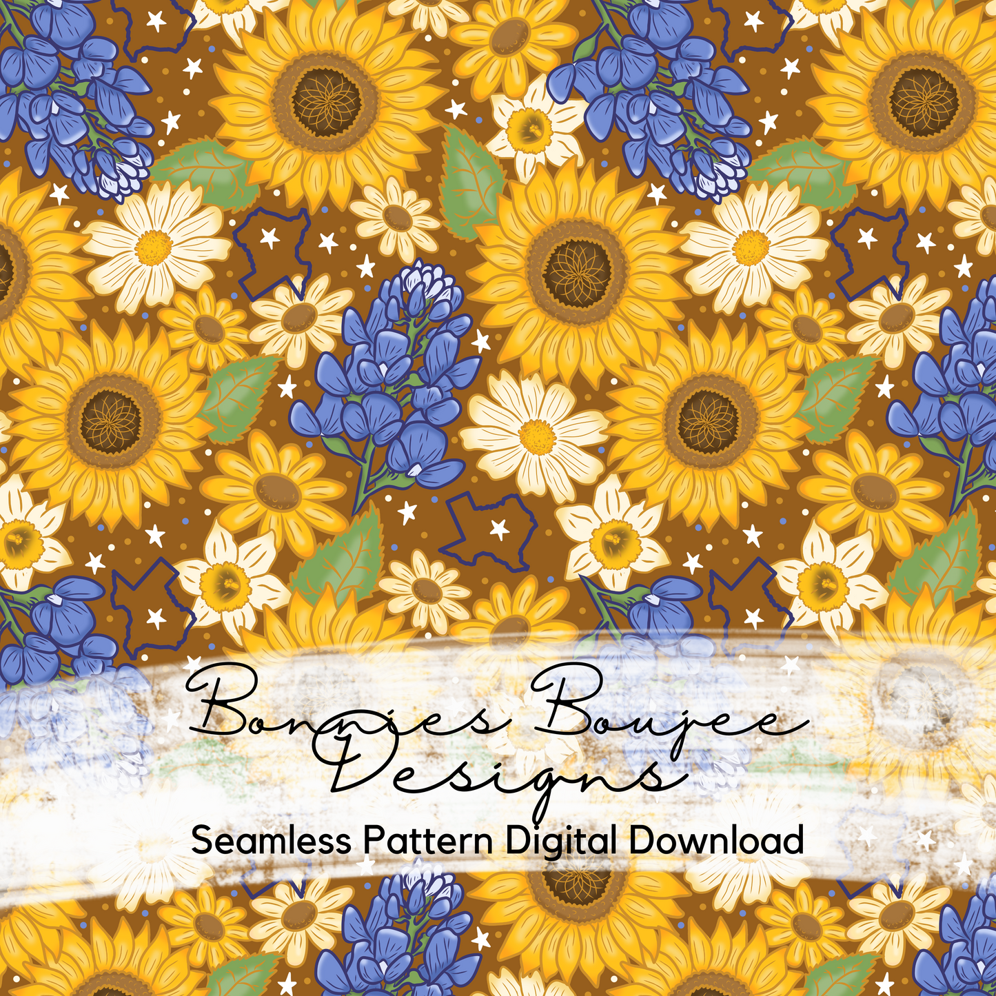TEXAS Bluebonnets and Sunflowers on a Boho Brown Background Hand Drawn Seamless File - ONLY 15 AVAILABLE