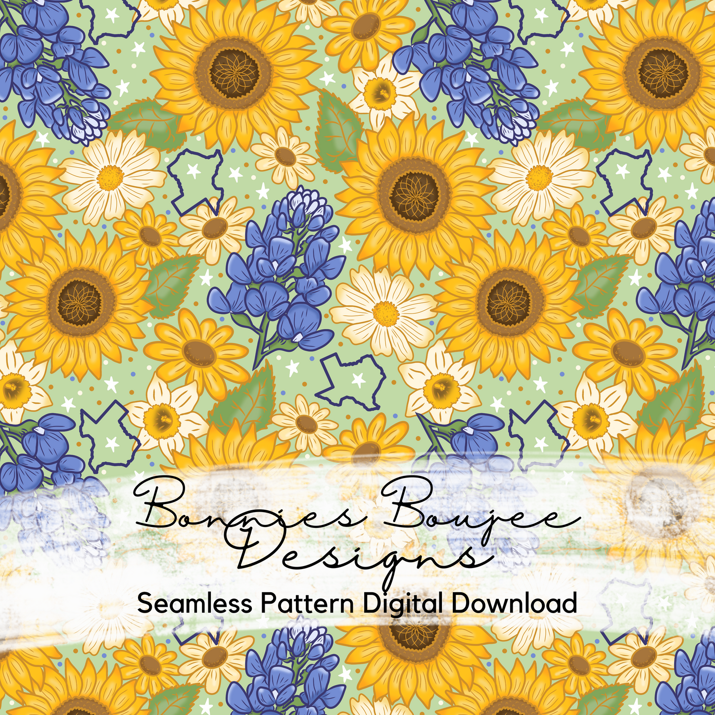 TEXAS Bluebonnets and Sunflowers on a Green Background Hand Drawn Seamless File - ONLY 15 AVAILABLE