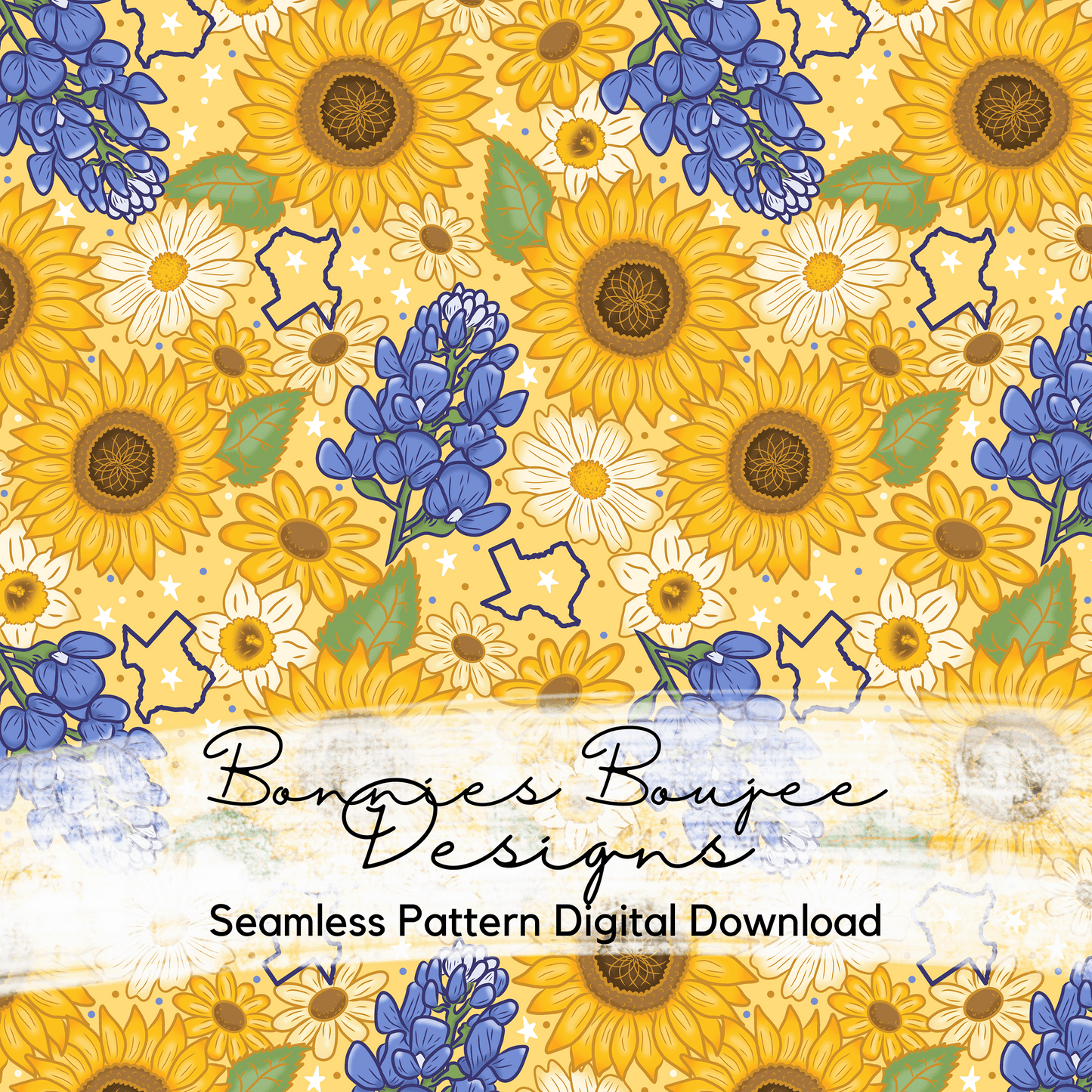 TEXAS Bluebonnets and Sunflowers on a Yellow Background Hand Drawn Seamless File - ONLY 15 AVAILABLE