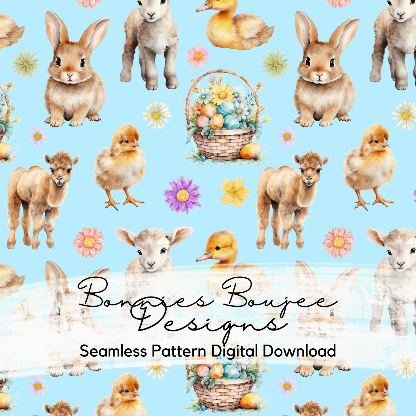 Baby Animals for Easter Watercolor Style on a Blue Background Seamless File