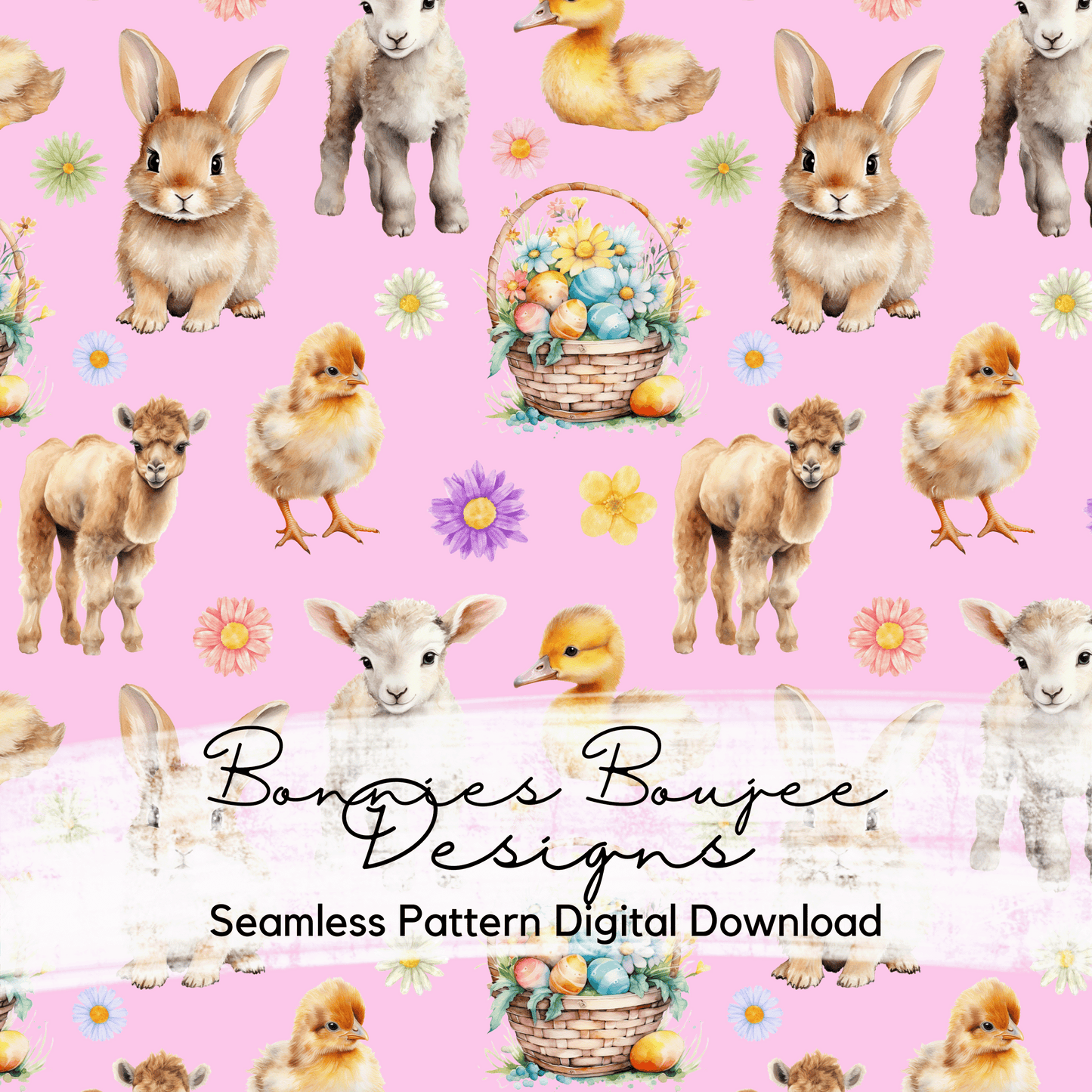Baby Animals for Easter Watercolor Style on a Pink Background Seamless File