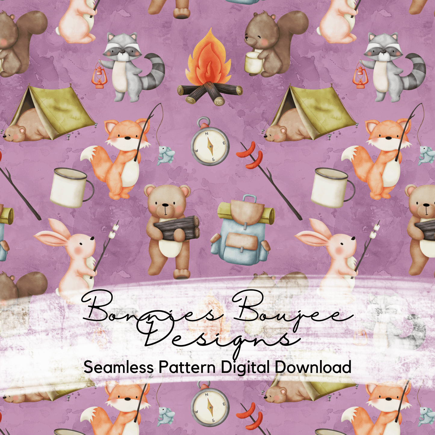 Watercolor Camping Forest Animals Seamless files - Three colorways