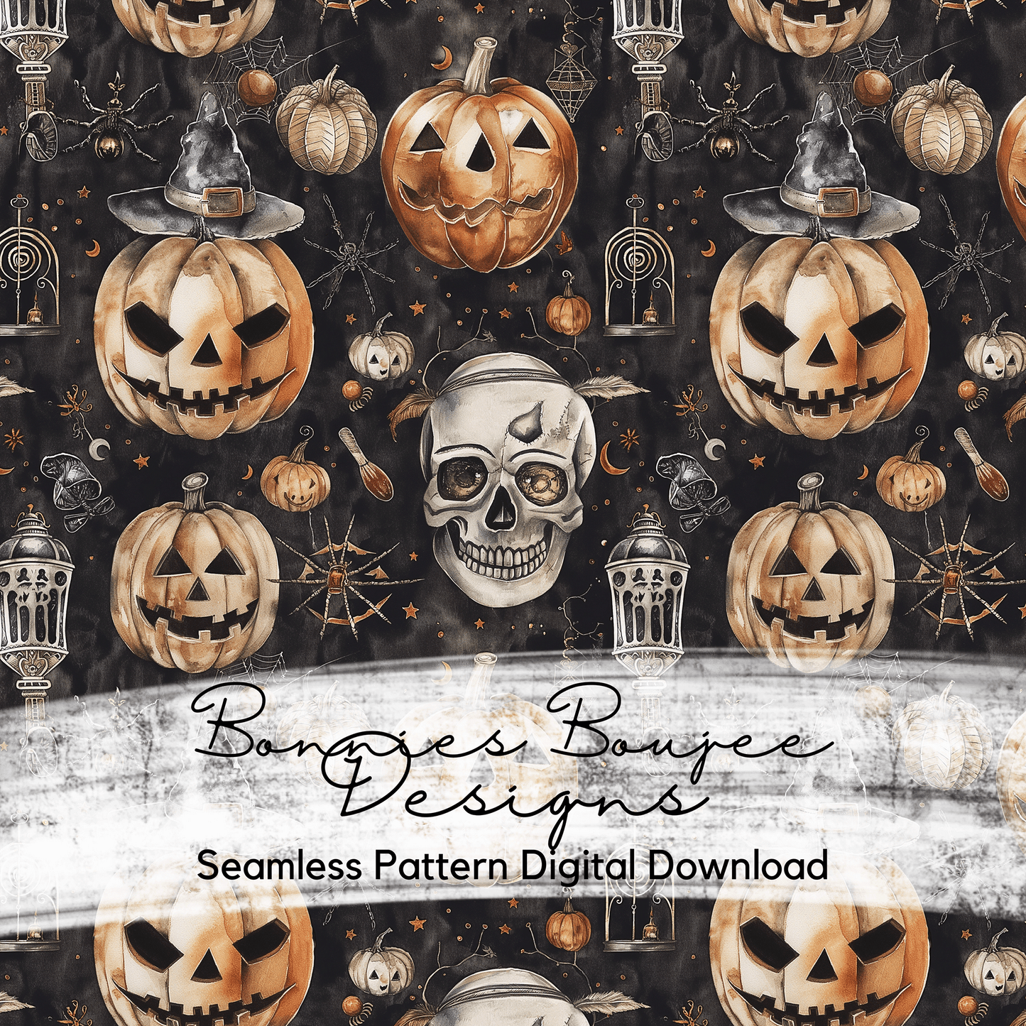 Watercolor Jack-o-lantern Pumpkins and Skull Seamless File