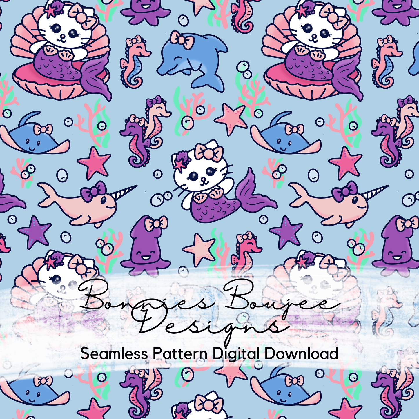 Mermaid Cat with Dolphin Hand Drawn Seamless File