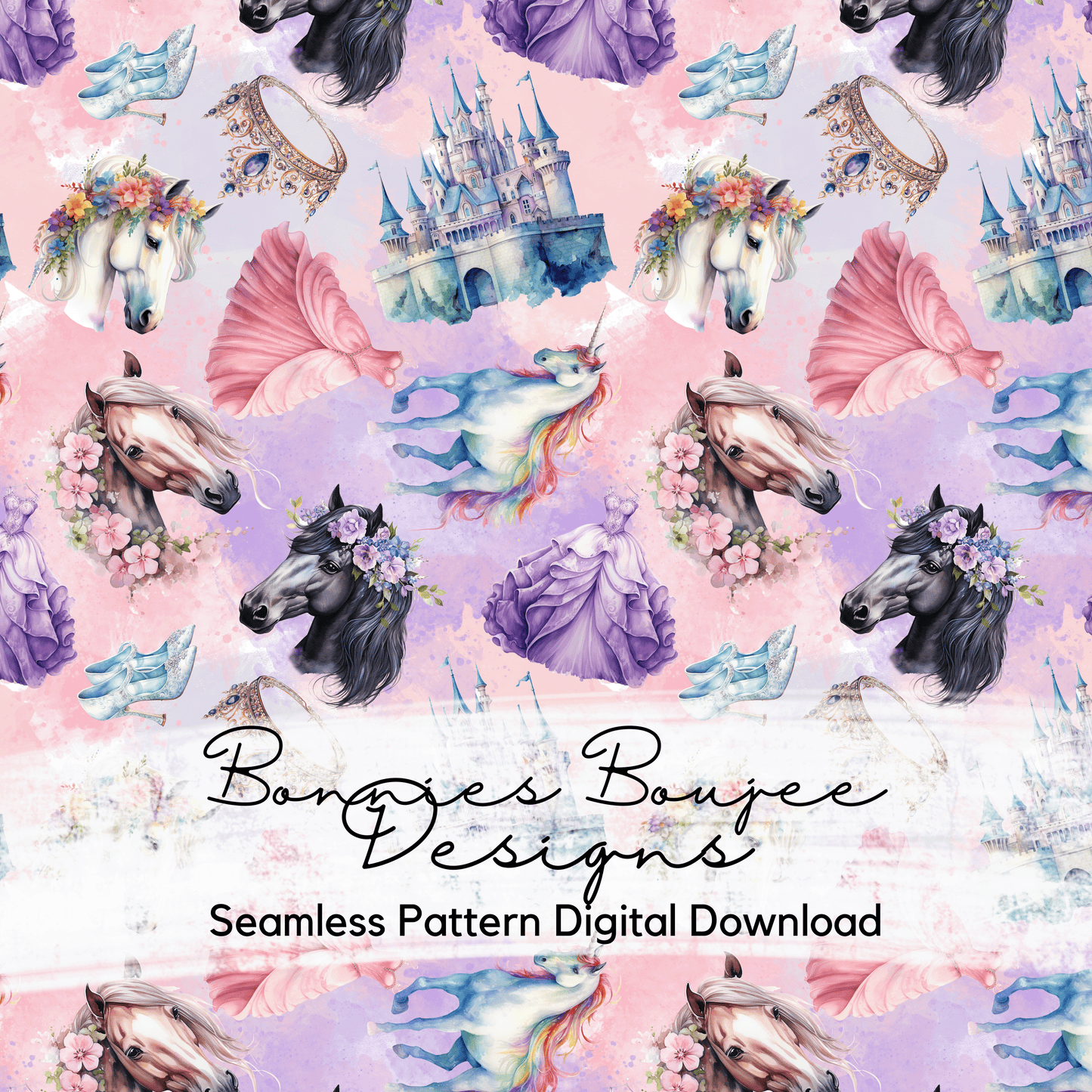 Princesses with Horses in Watercolor Style Seamless File