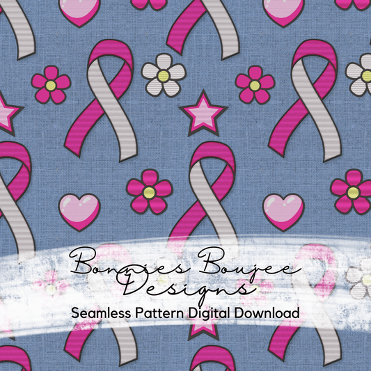 Pink Awareness Ribbon Faux Embroidery on Blue Background Seamless File