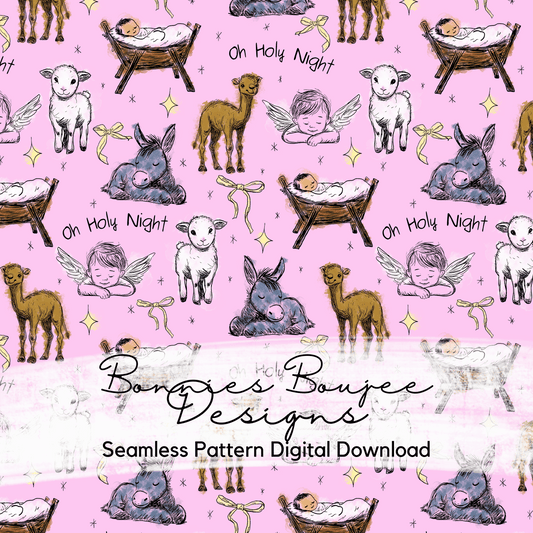 Oh Holy Night Baby Jesus Christmas Hand Drawn Seamless File on Pink colorway with girly bows