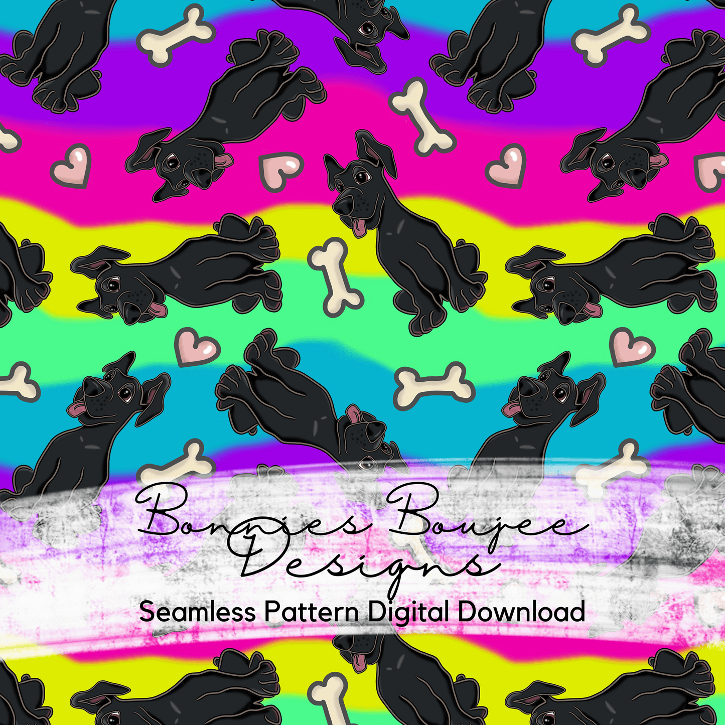 Cute Black Great Dane on Rainbow Background Hand Drawn Seamless File