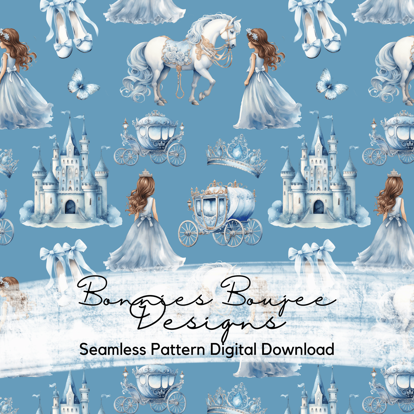 Watercolor Blue Princess on Blue Background Seamless File