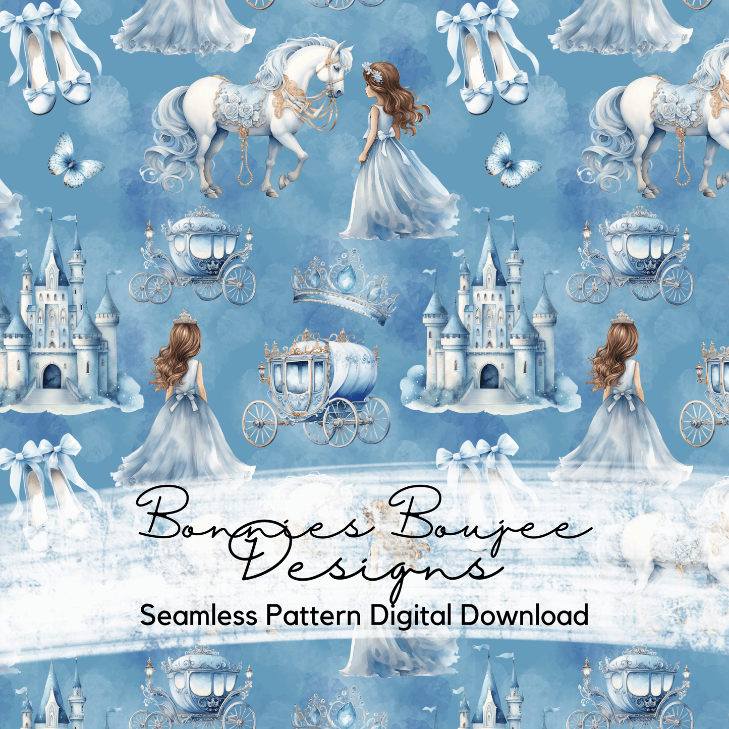 Watercolor Blue Princess on Blue Background Seamless File